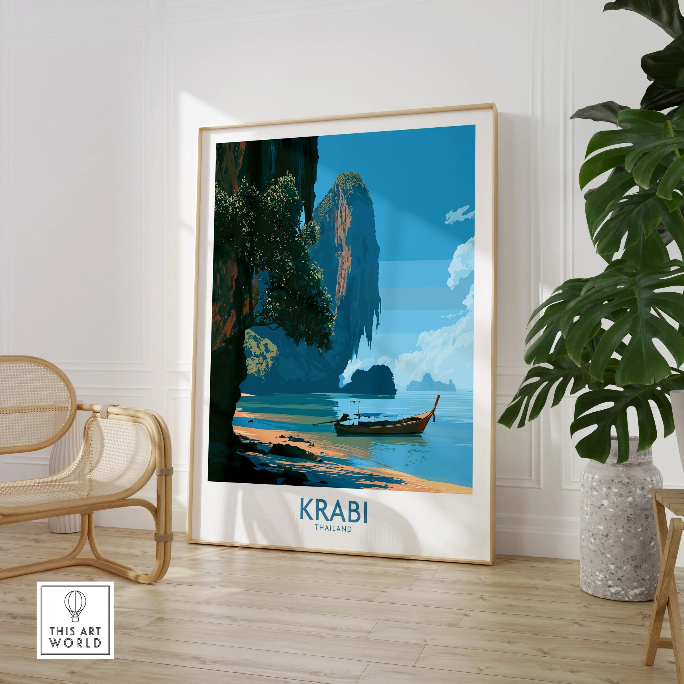 Krabi Thailand Beach Cliffs Wall Art — large framed print room setting chair plant