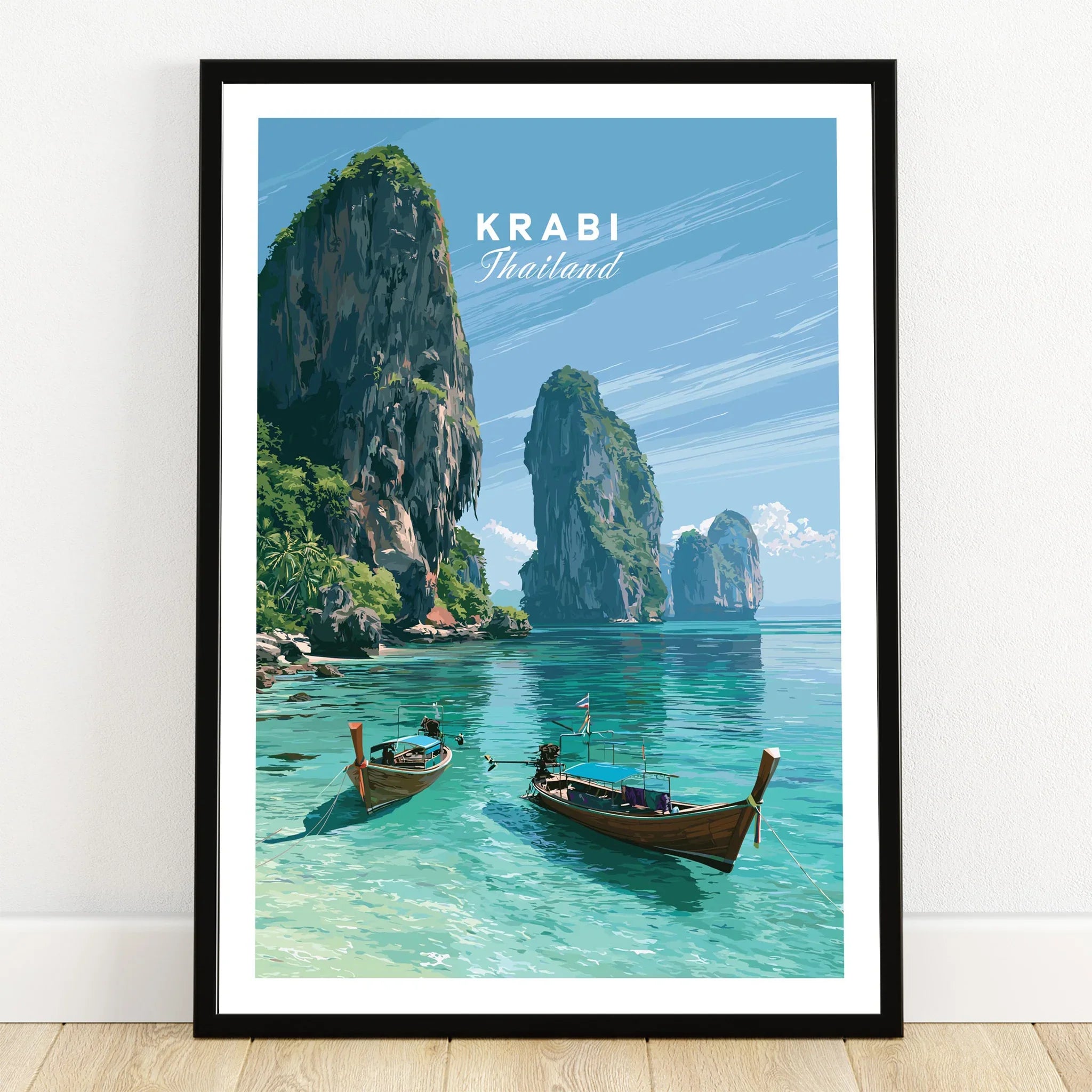 Krabi Thailand Limestone Cliffs Travel Poster — art print in black frame on wooden floor