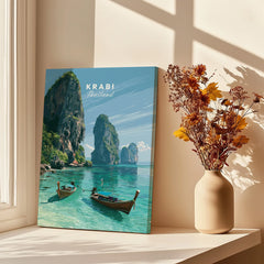 Krabi Thailand Limestone Cliffs Travel Poster — canvas print window setting with shadows flowers