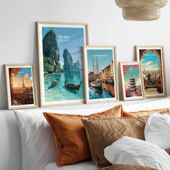 Krabi Thailand Limestone Cliffs Travel Poster — set five framed artprints above bed natural wood frames