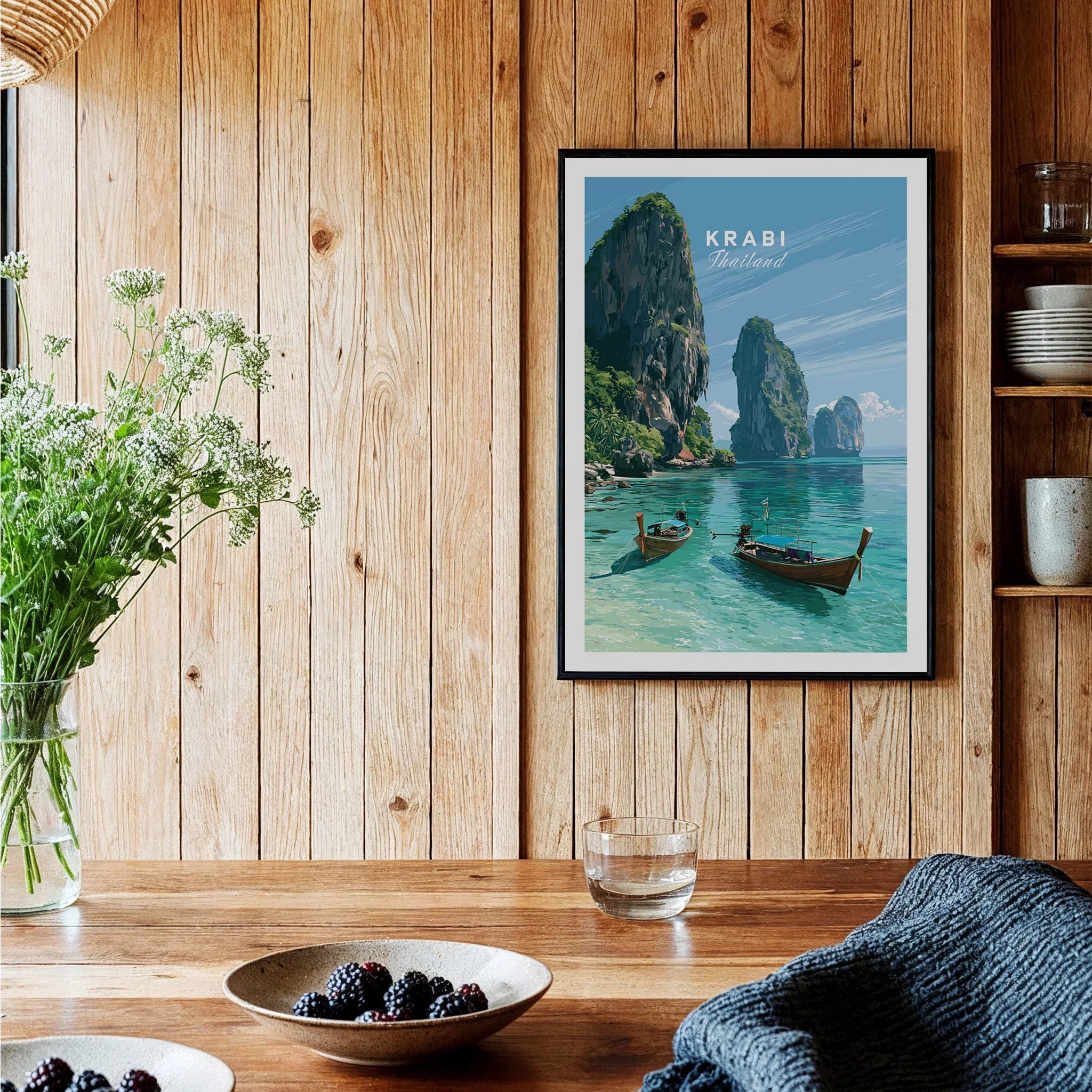 Krabi Thailand Limestone Cliffs Travel Poster — black framed art print kitchen setting