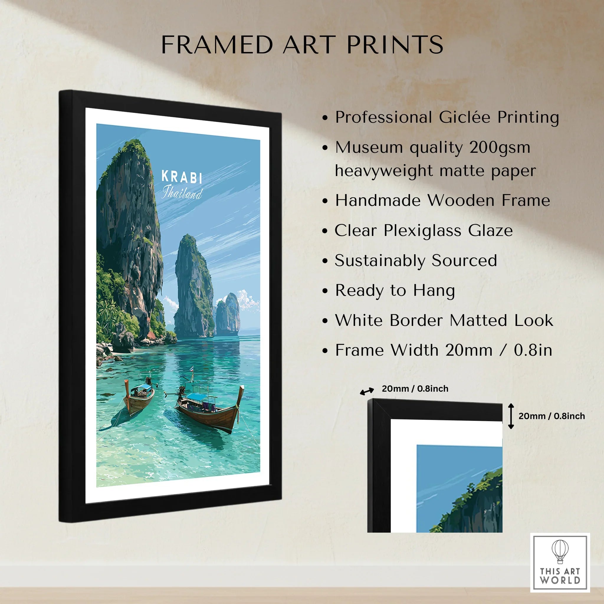 Krabi Thailand Limestone Cliffs Travel Poster — framed print details measurements quality details