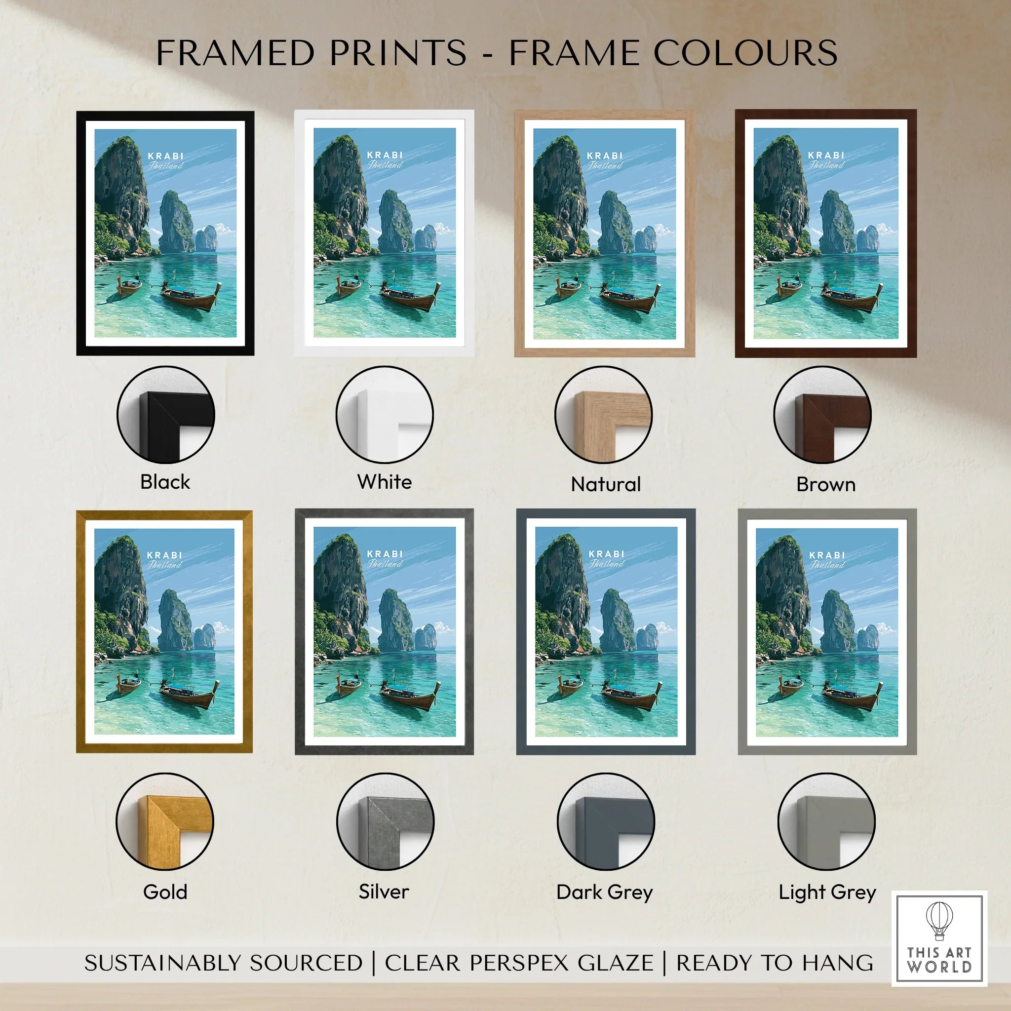 Krabi Thailand Limestone Cliffs Travel Poster — framed print colour options