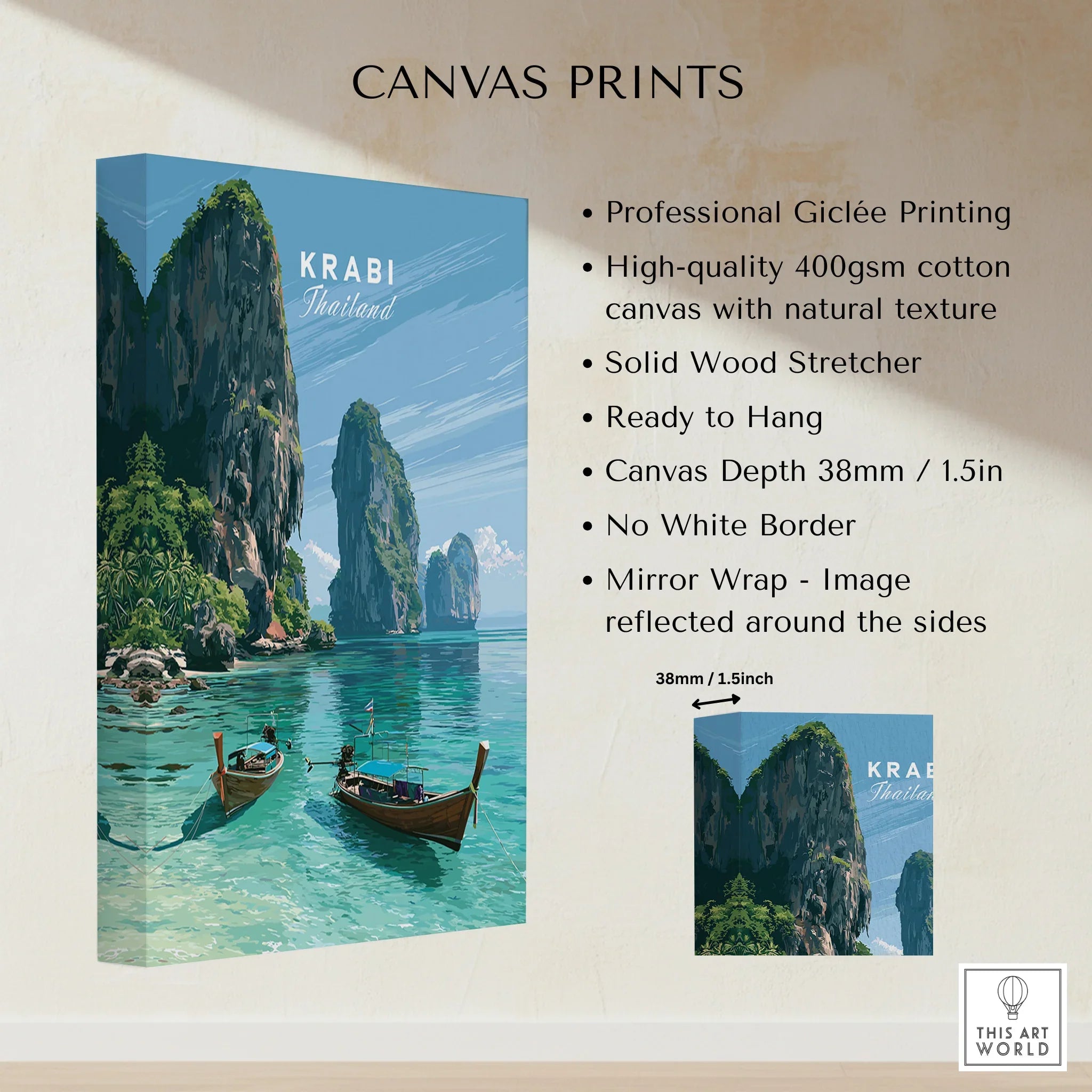 Krabi Thailand Limestone Cliffs Travel Poster — canvas print stretched cotton canvas details