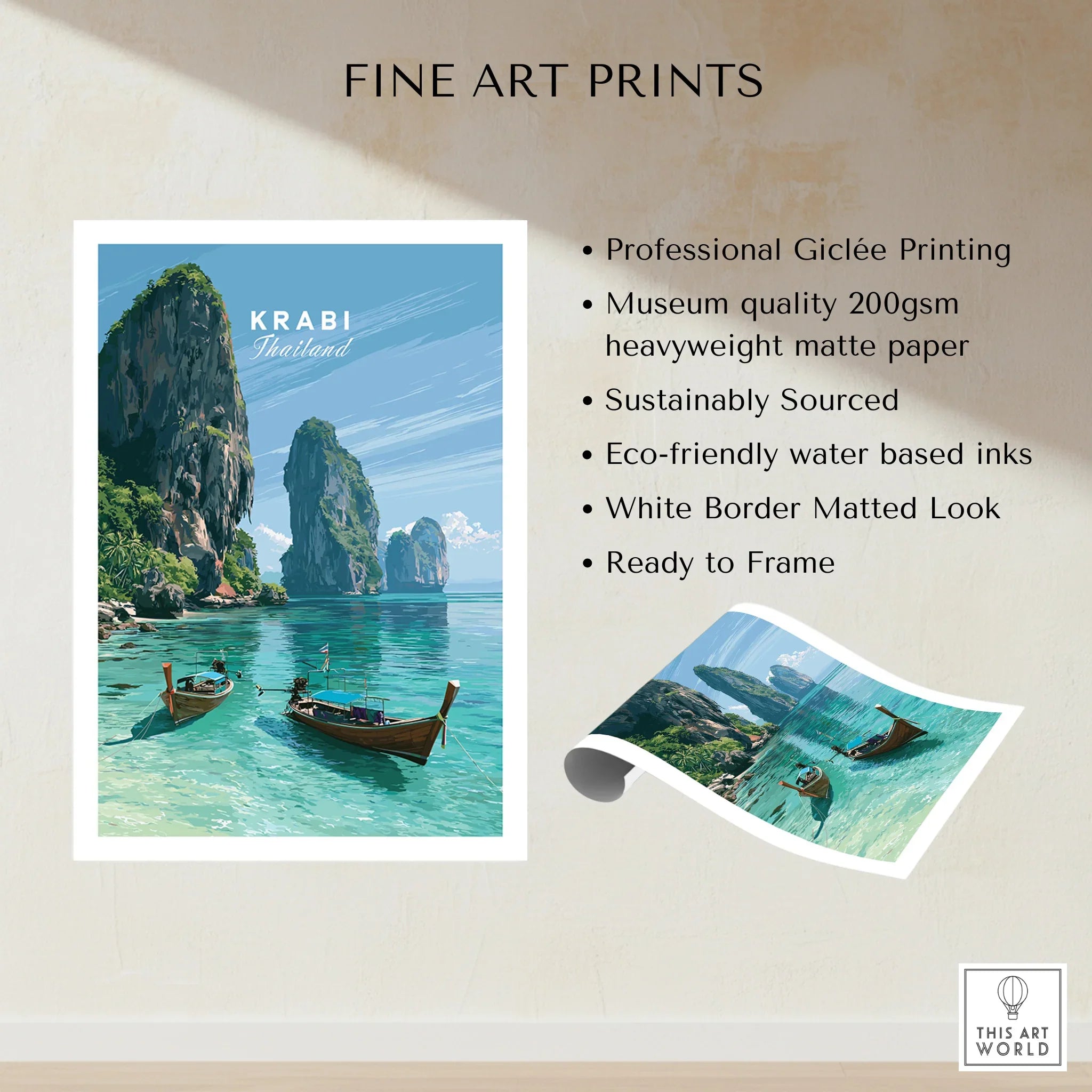 Krabi Thailand Limestone Cliffs Travel Poster — fine art print unframed quality details