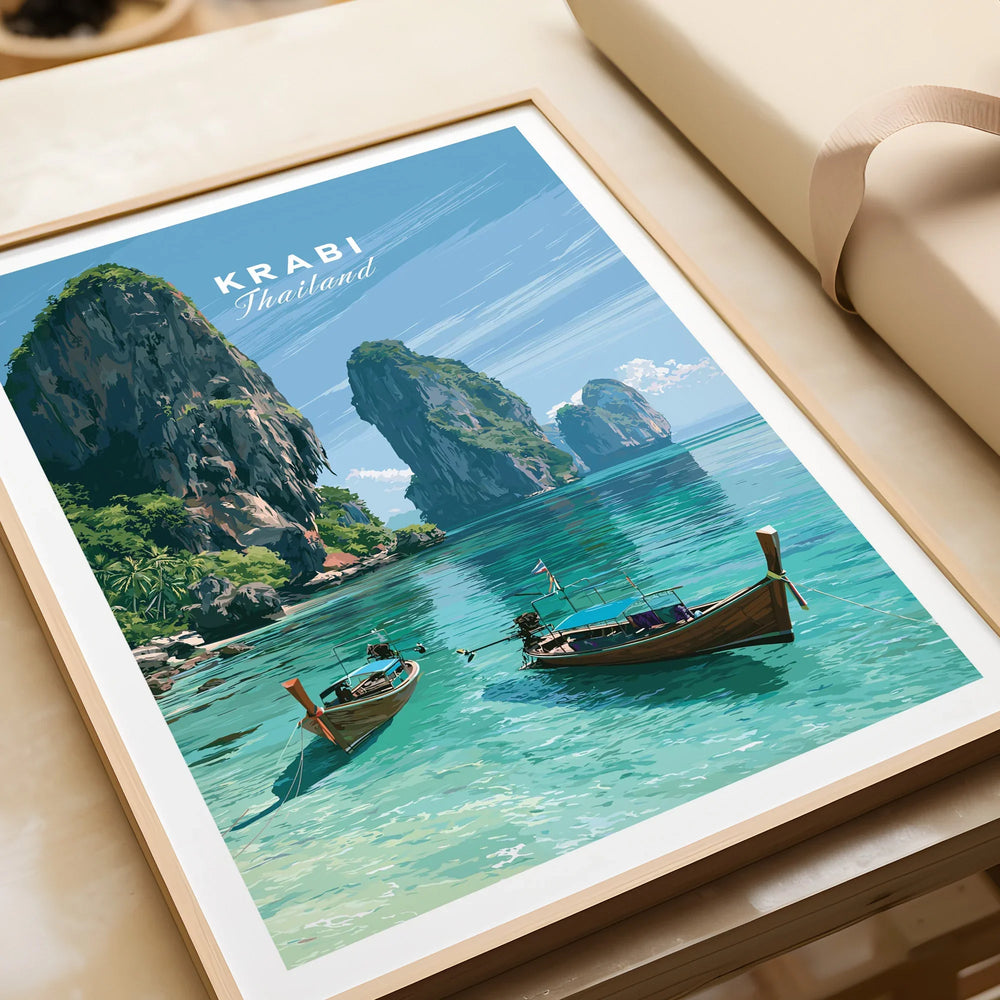Krabi Thailand Limestone Cliffs Travel Poster — framed art print closeup gift unwrapped natural frame