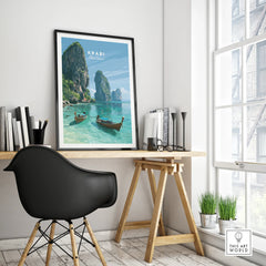 Krabi Thailand Limestone Cliffs Travel Poster — framed poster black frame on office desk modern