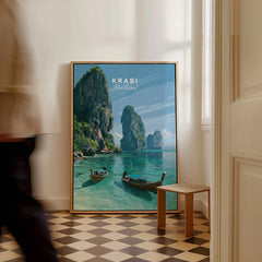 Krabi Thailand Limestone Cliffs Travel Poster — framed canvas on floor man walking past