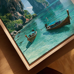 Krabi Thailand Limestone Cliffs Travel Poster — closeup framed canvas natural wood floating frame