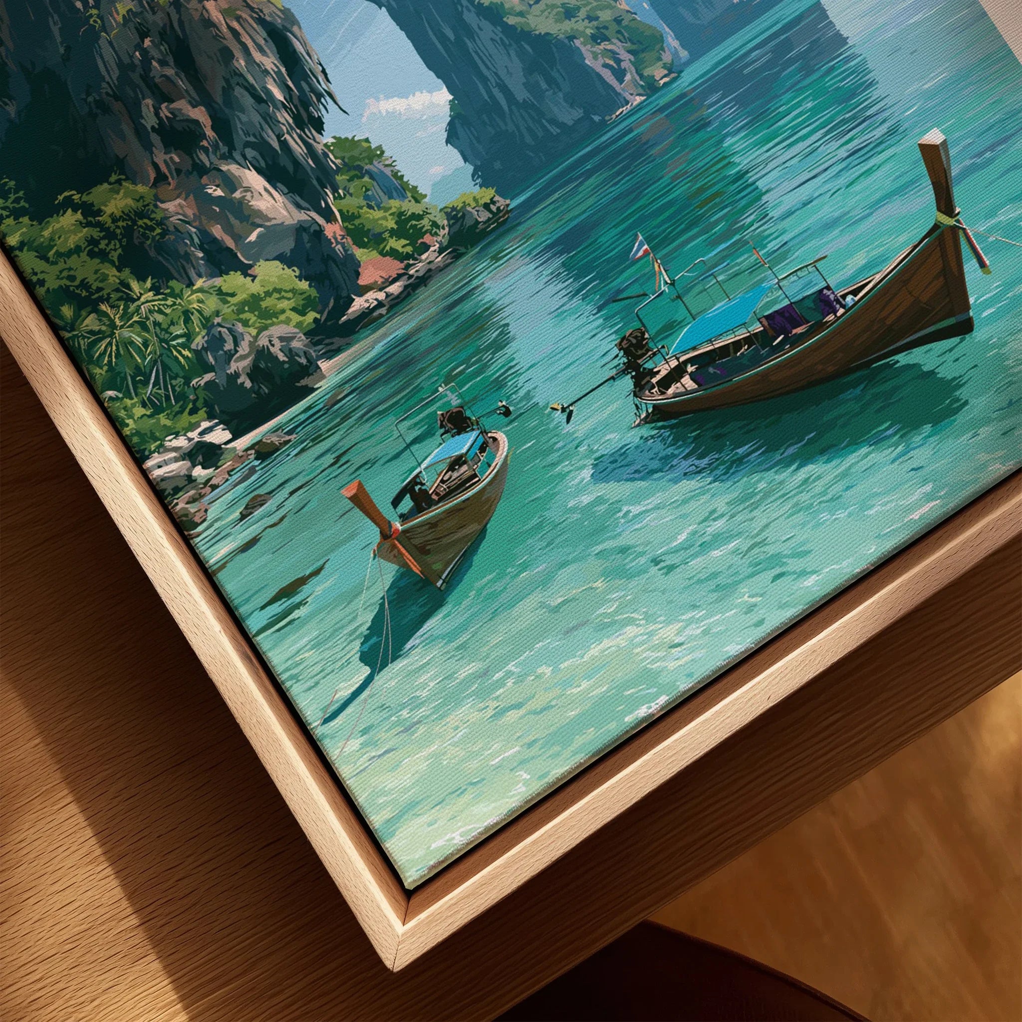 Krabi Thailand Limestone Cliffs Travel Poster — closeup framed canvas natural wood floating frame