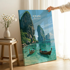 Krabi Thailand Limestone Cliffs Travel Poster — canvas print mirror edge hand holding room setting