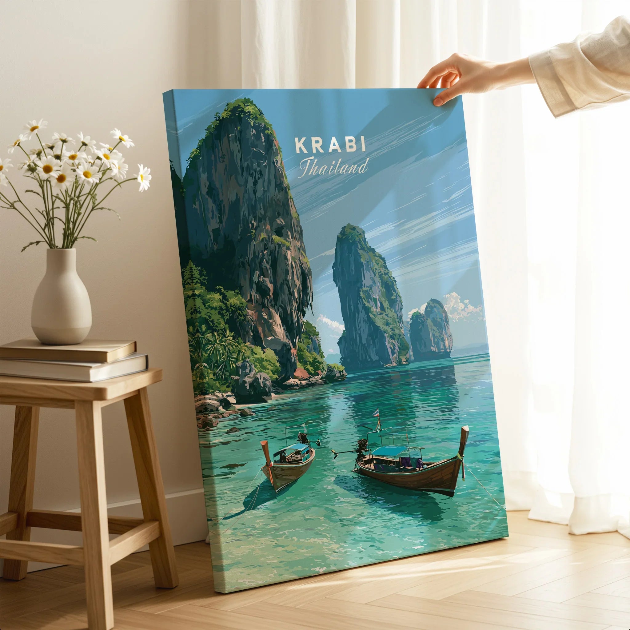 Krabi Thailand Limestone Cliffs Travel Poster — canvas print mirror edge hand holding room setting