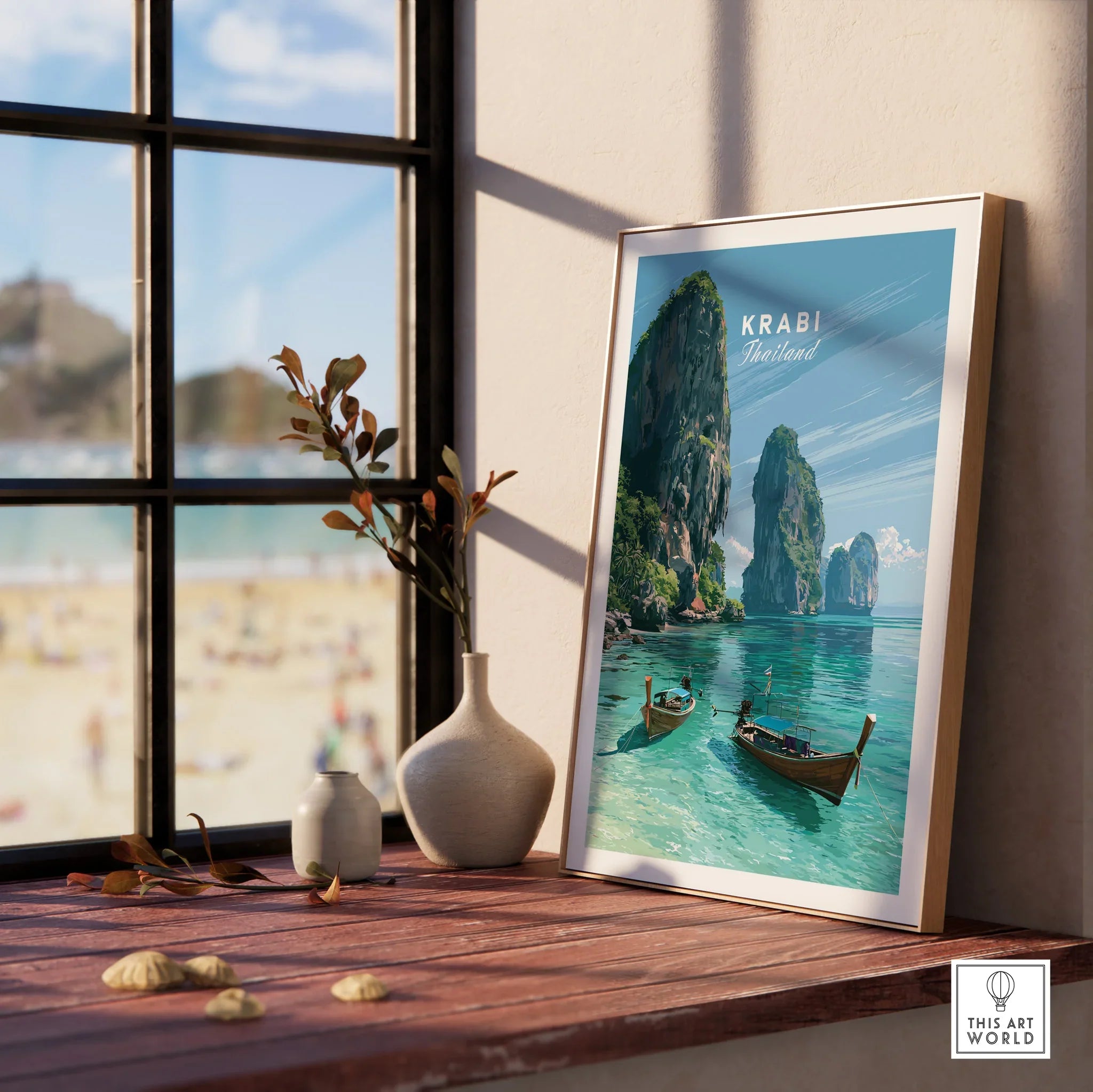 Krabi Thailand Limestone Cliffs Travel Poster — framed print window view natural wood frame