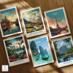 Krabi Thailand Limestone Cliffs Travel Poster — set six framed art prints wooden floor natural wood frames