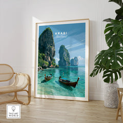 Krabi Thailand Limestone Cliffs Travel Poster — large framed print room setting chair plant
