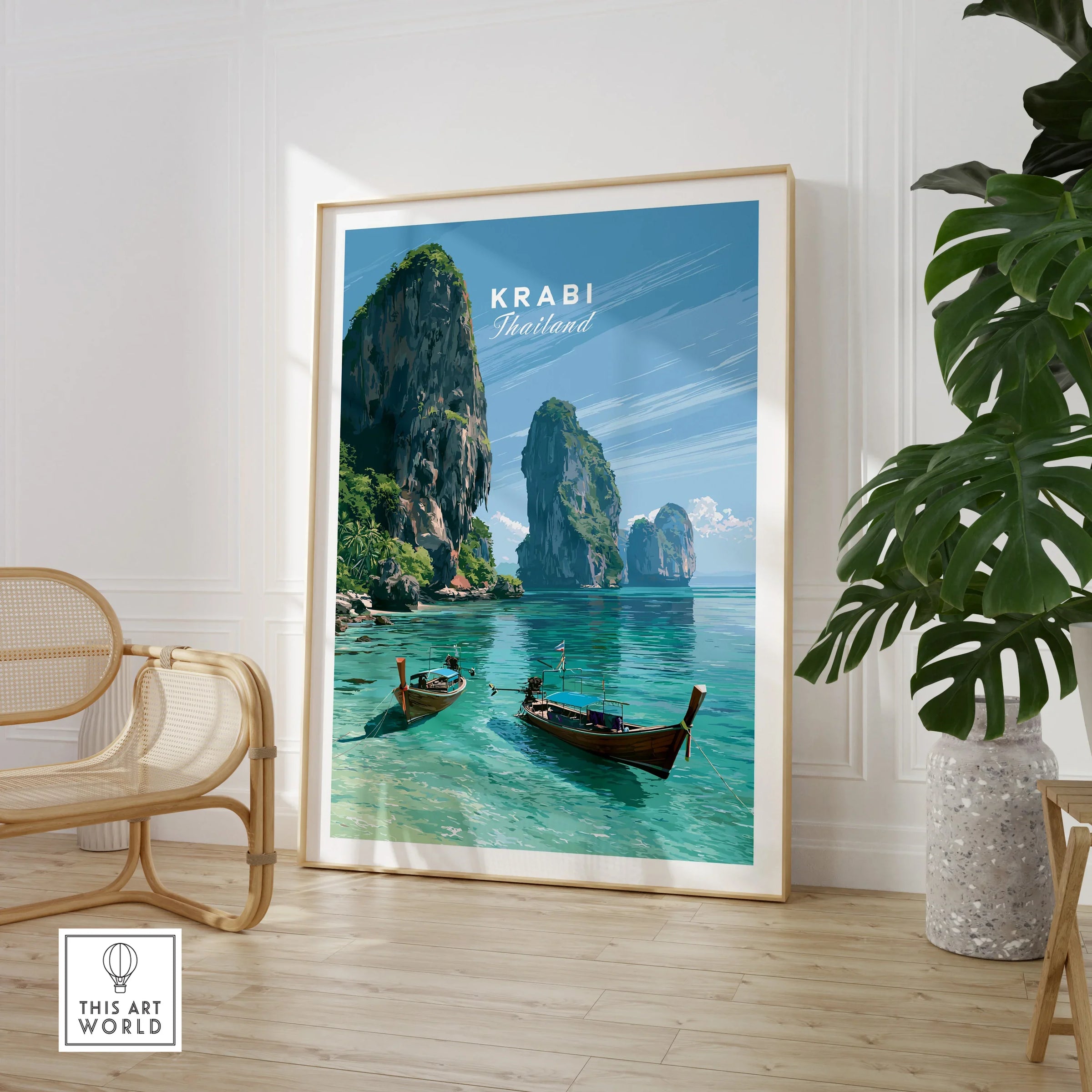 Krabi Thailand Limestone Cliffs Travel Poster — large framed print room setting chair plant