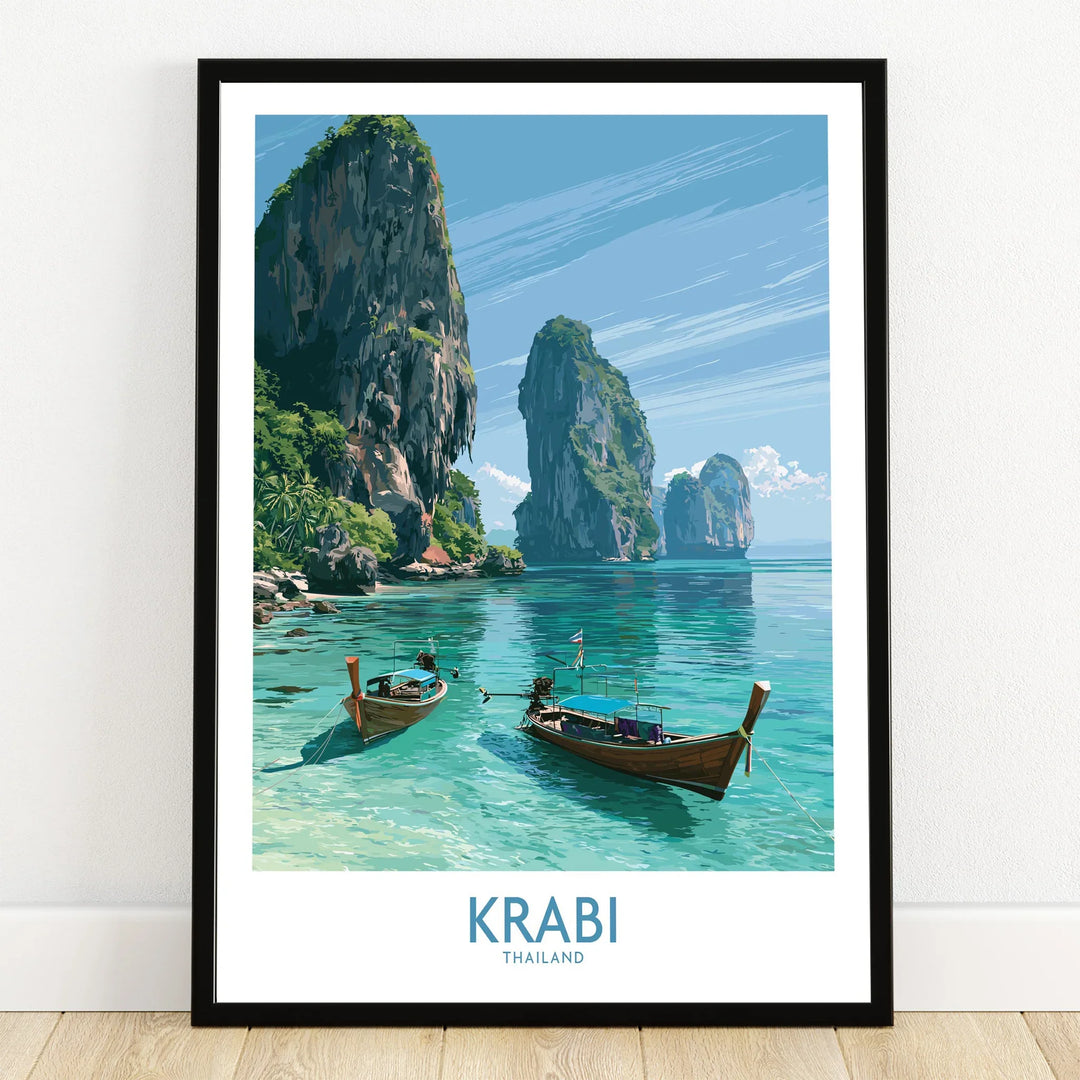 Krabi Thailand Karst Bay Wall Art — art print in black frame on wooden floor