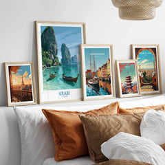 Krabi Thailand Karst Bay Wall Art — set five framed artprints above bed natural wood frames