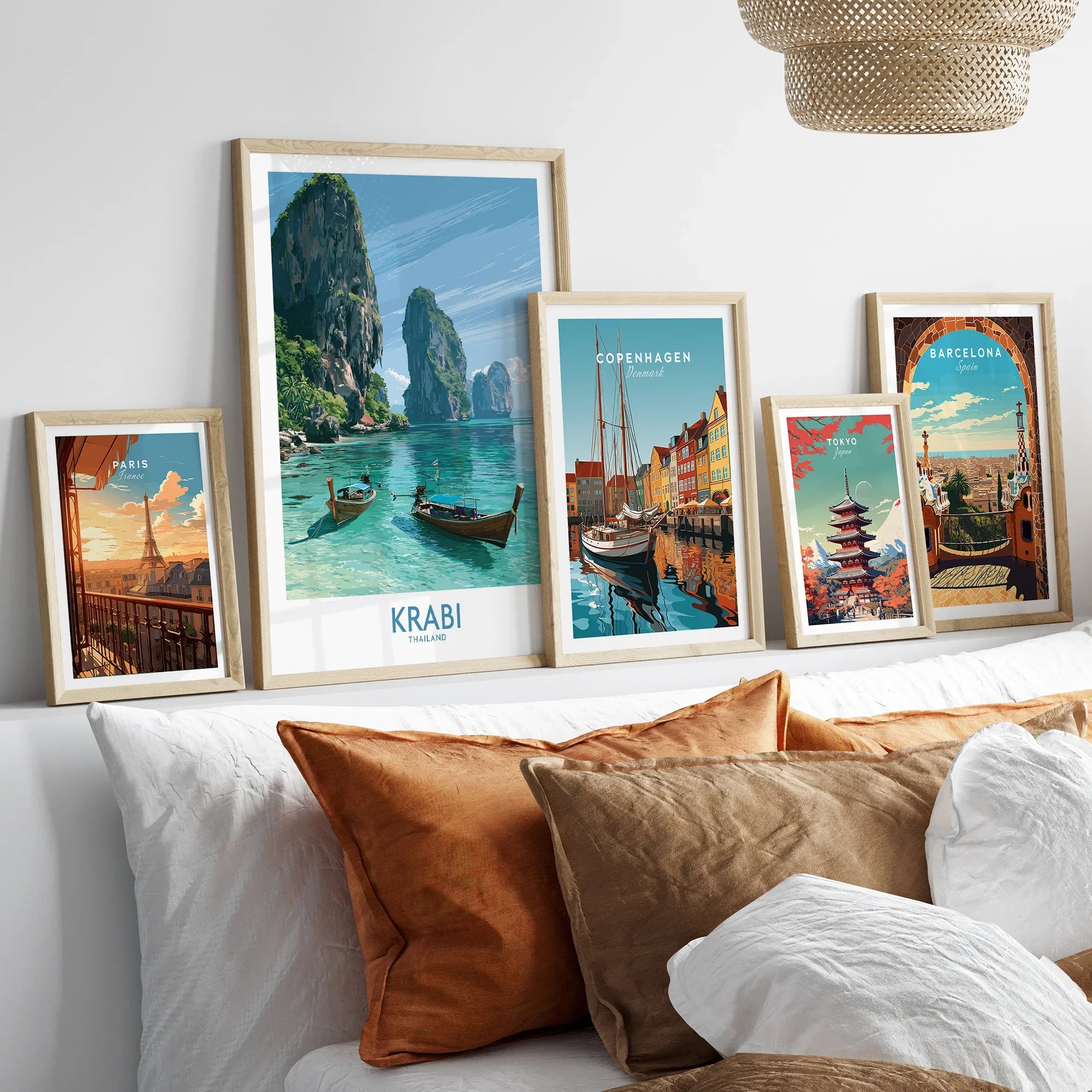 Krabi Thailand Karst Bay Wall Art — set five framed artprints above bed natural wood frames