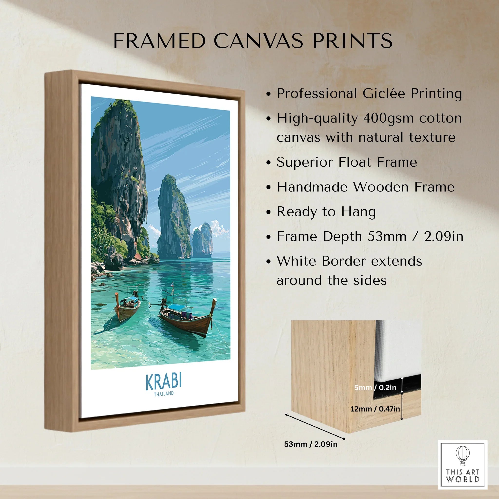 Krabi Thailand Karst Bay Wall Art — framed canvas float frame details quality