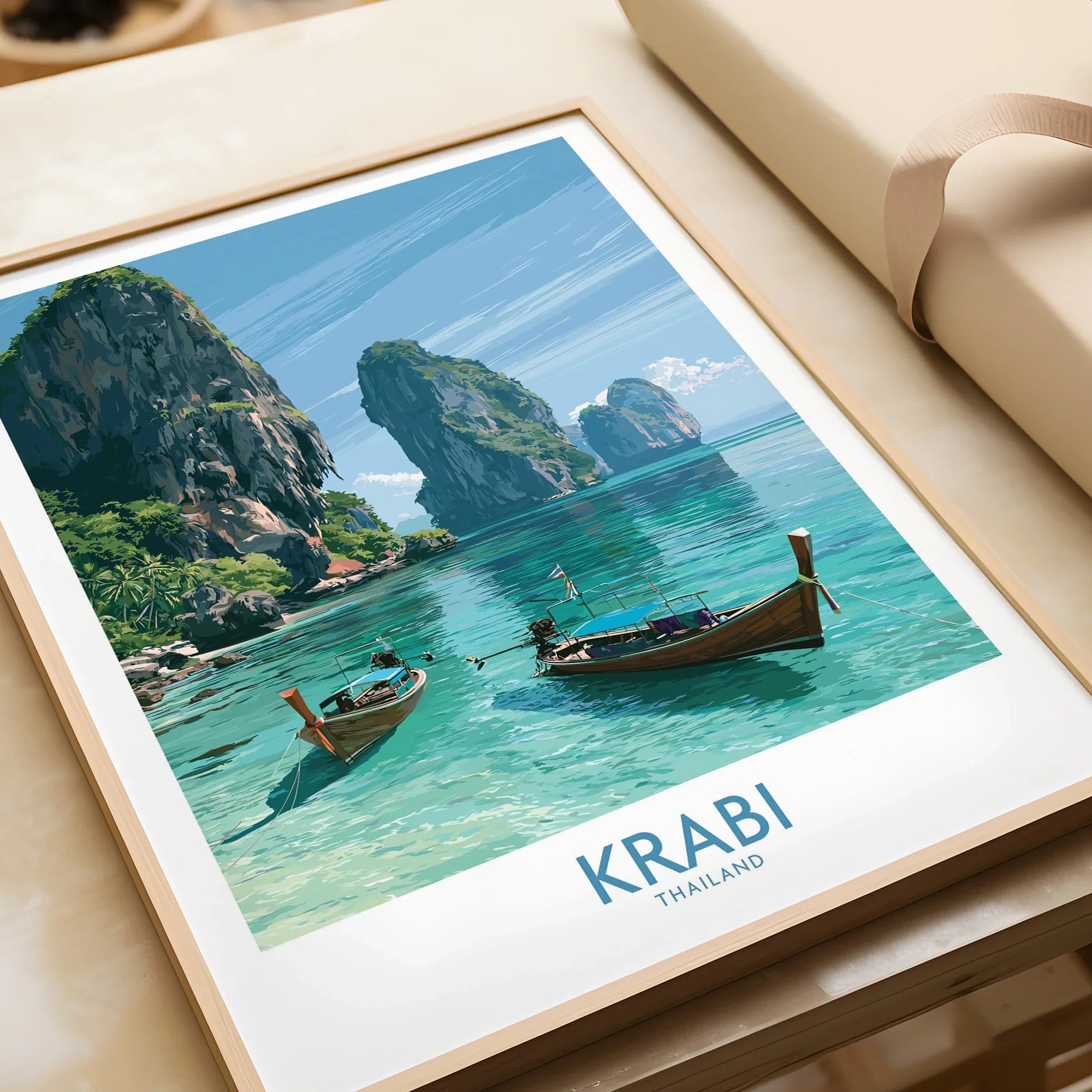 Krabi Thailand Karst Bay Wall Art — framed art print closeup gift unwrapped natural frame