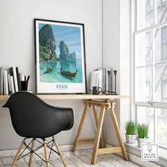 Krabi Thailand Karst Bay Wall Art — framed poster black frame on office desk modern