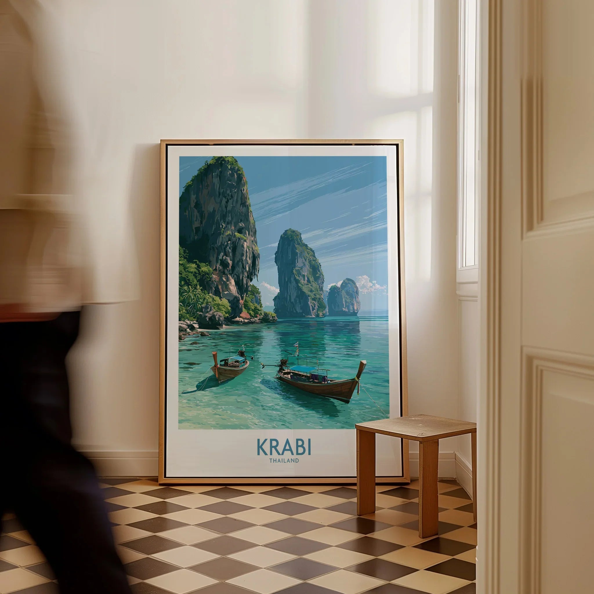Krabi Thailand Karst Bay Wall Art — framed canvas on floor man walking past