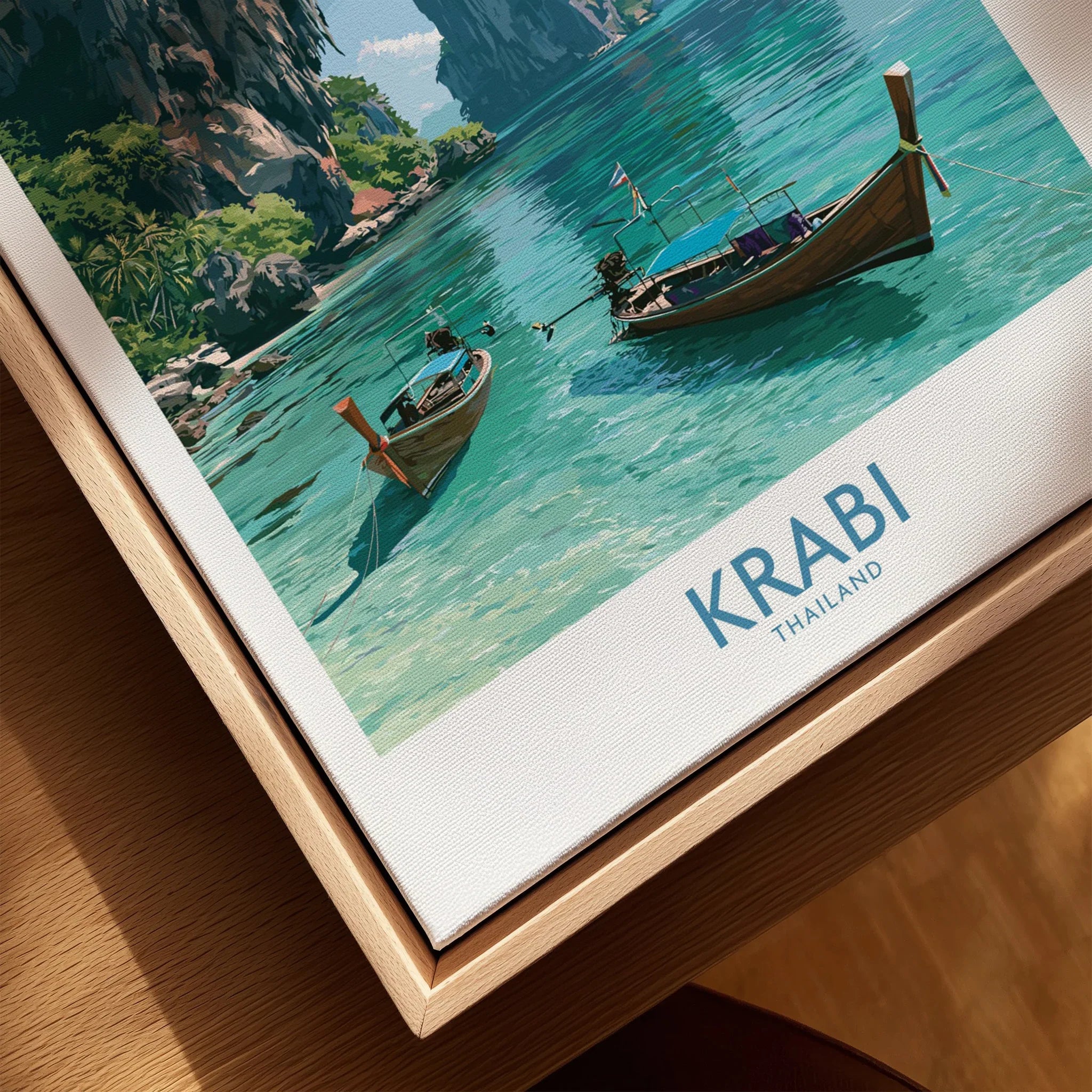 Krabi Thailand Karst Bay Wall Art — closeup framed canvas natural wood floating frame