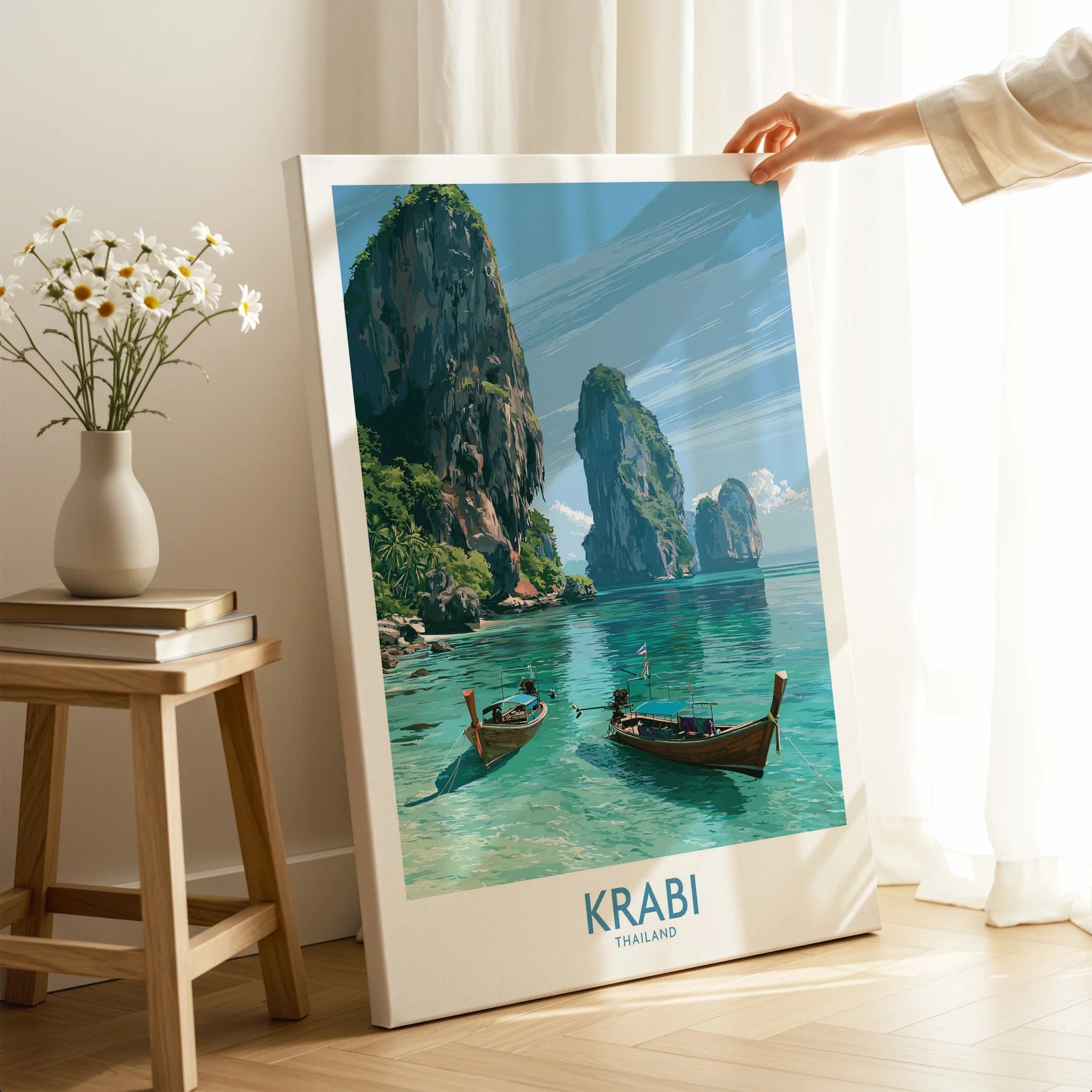 Krabi Thailand Karst Bay Wall Art — canvas print mirror edge hand holding room setting