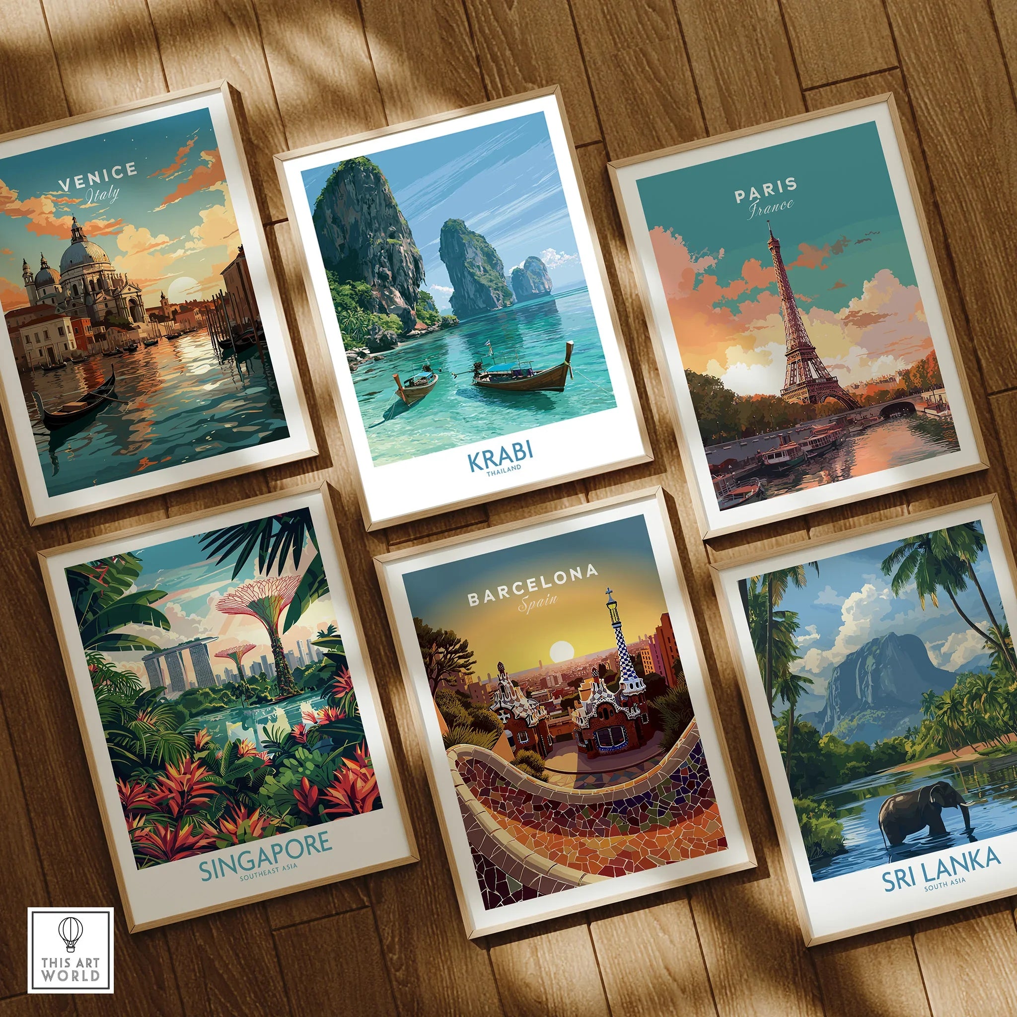Krabi Thailand Karst Bay Wall Art — set six framed art prints wooden floor natural wood frames