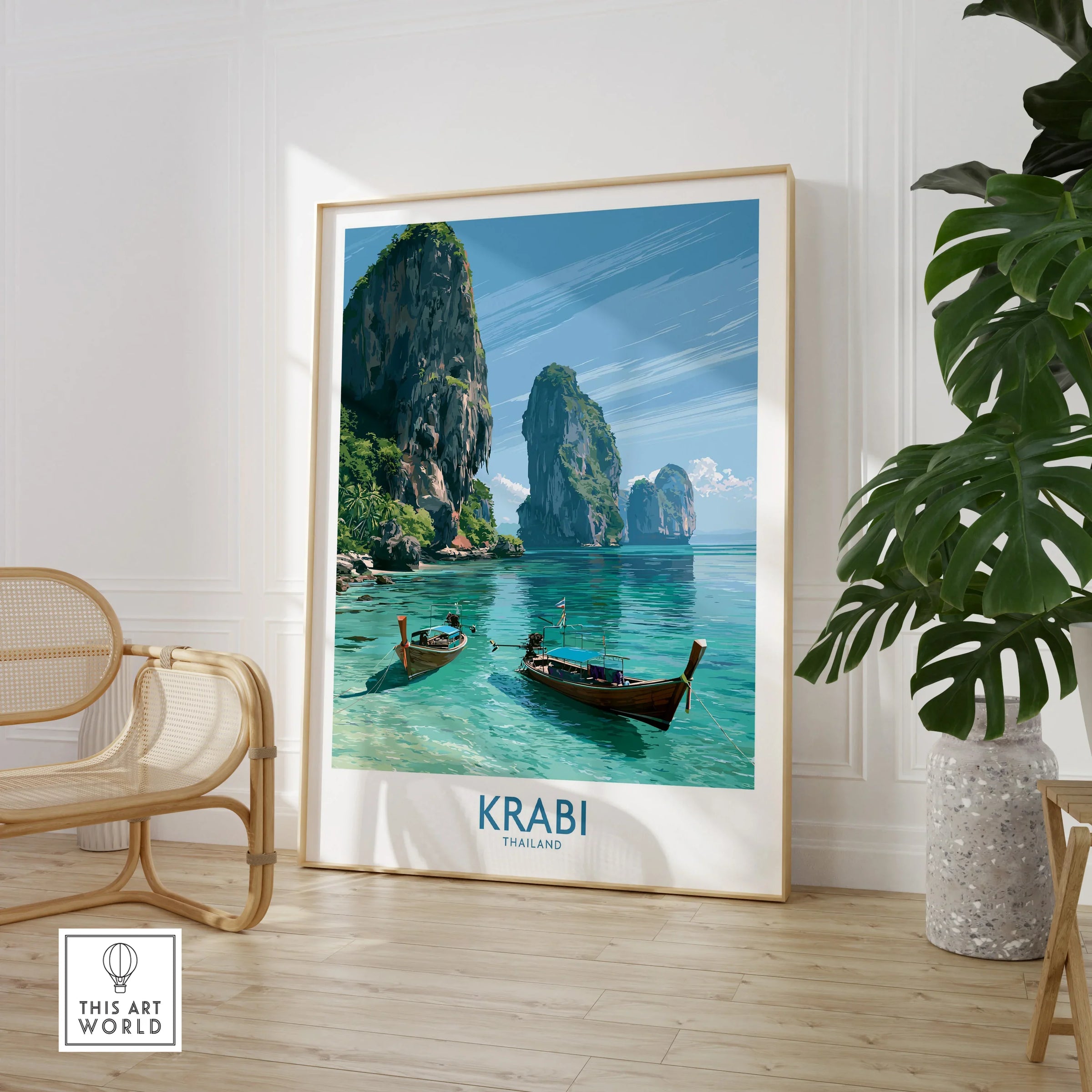 Krabi Thailand Karst Bay Wall Art — large framed print room setting chair plant