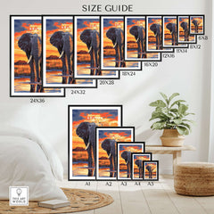 Kruger Elephant Art Print - South Africa Sunset Landscape Poster Size Guide showcasing various print sizes.