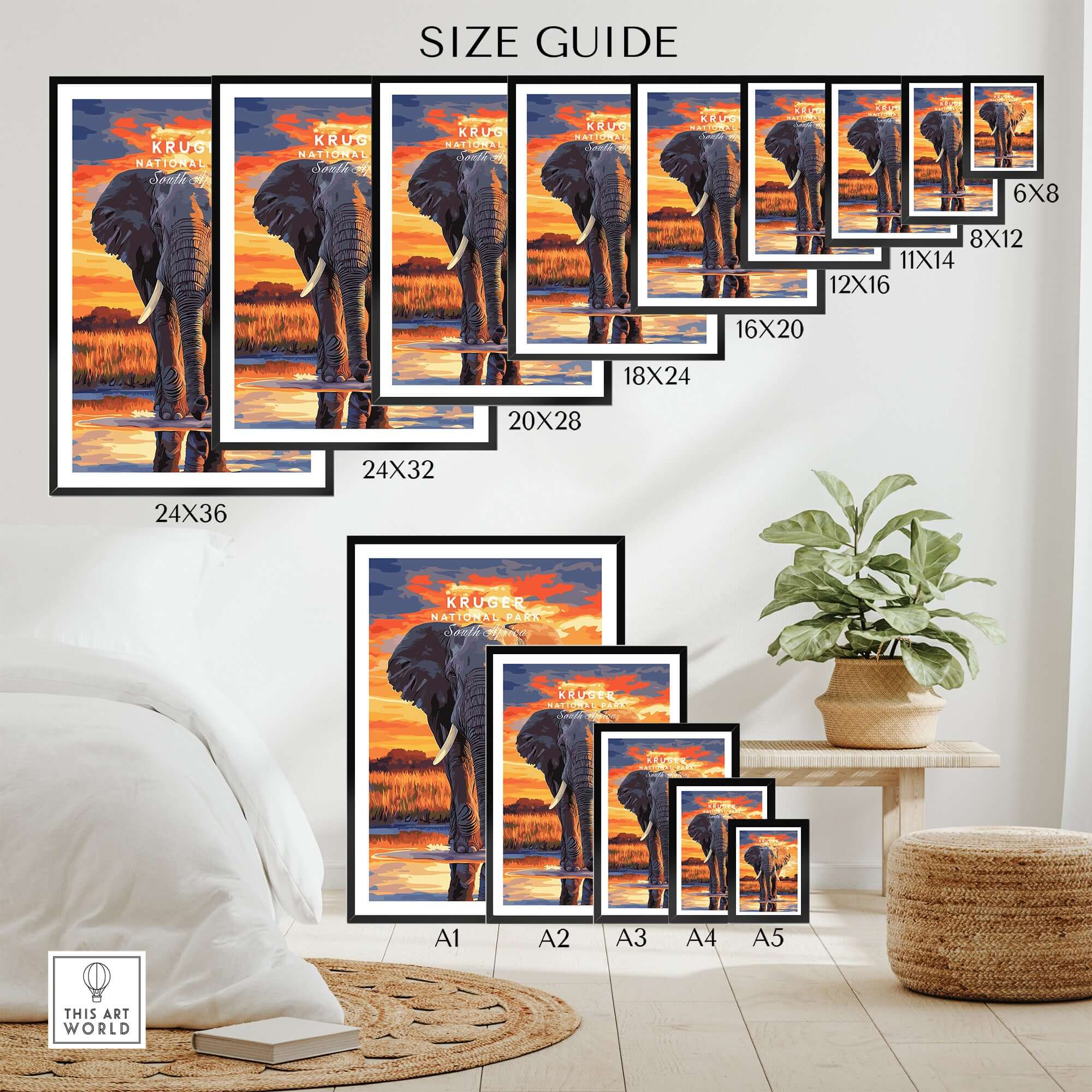 Kruger Elephant Art Print - South Africa Sunset Landscape Poster Size Guide showcasing various print sizes.