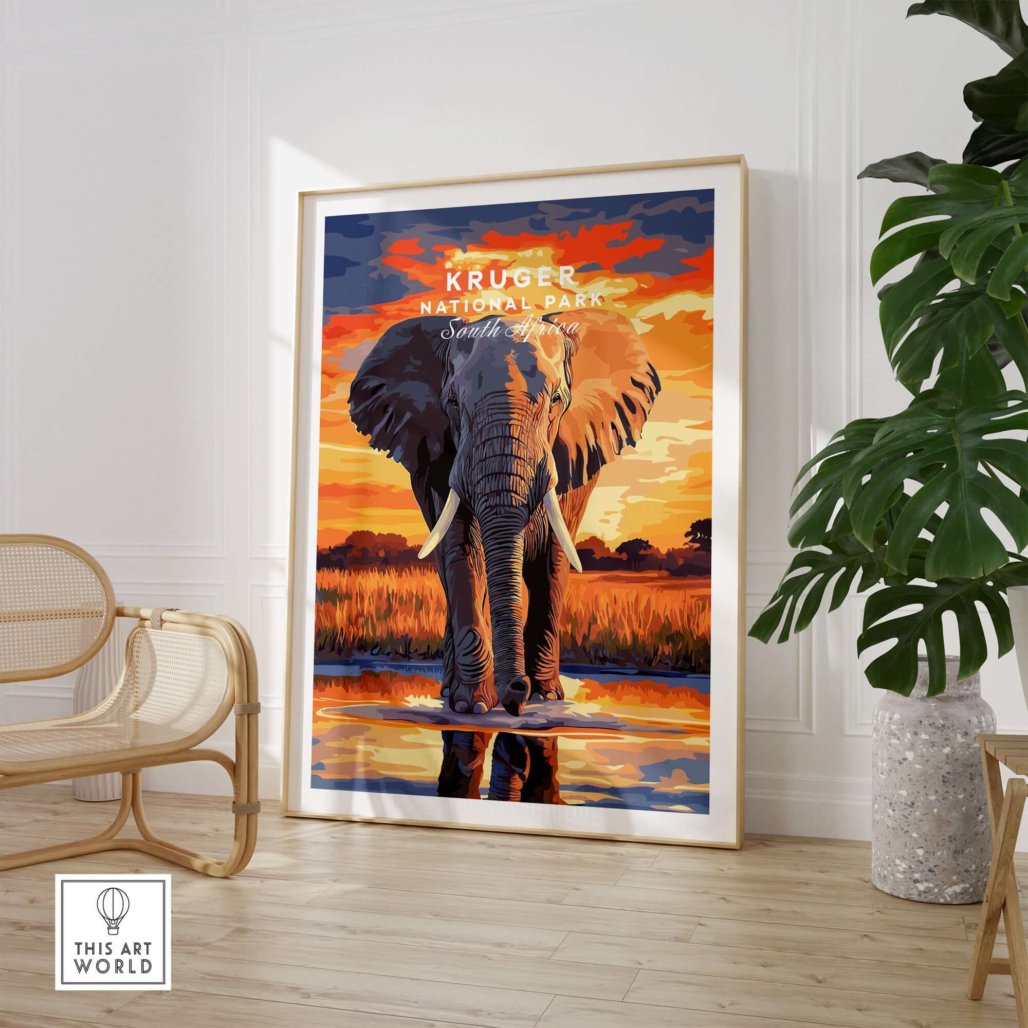 Kruger Elephant Art Print - South Africa Sunset Landscape Poster in a stylish interior setting.