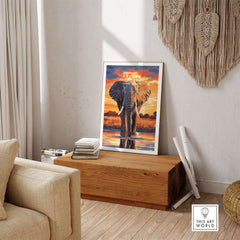 Kruger Elephant Art Print - South Africa Sunset Landscape Poster displayed in a living room setting.