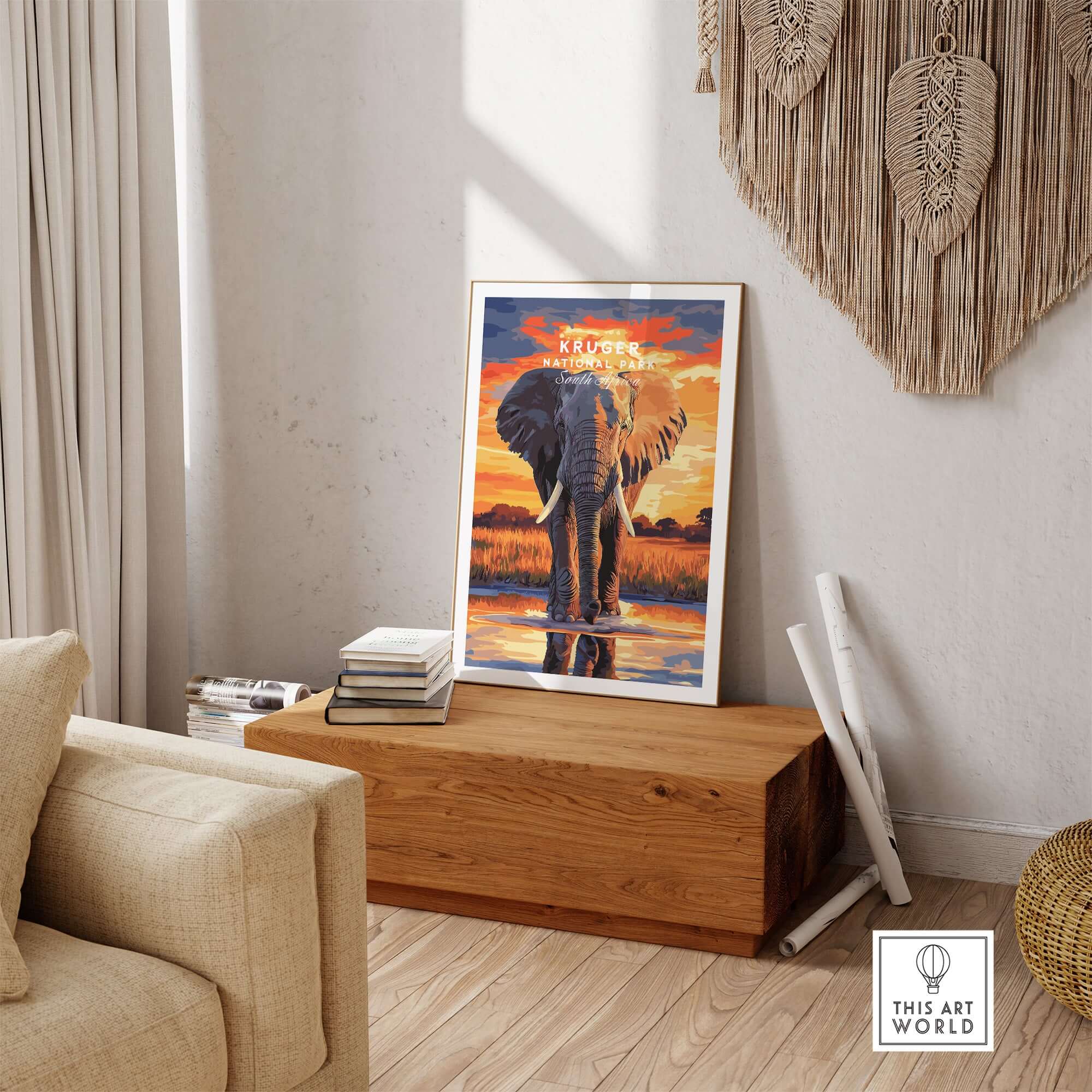 Kruger Elephant Art Print - South Africa Sunset Landscape Poster displayed in a living room setting.