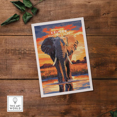 Kruger Elephant Art Print - South Africa Sunset Landscape Poster featuring a majestic elephant in vibrant sunset colors.