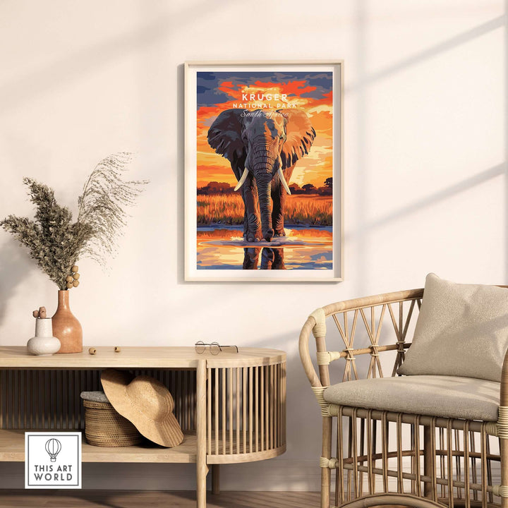 Kruger Elephant art print in a modern living room with a sunset landscape and stylish decor.