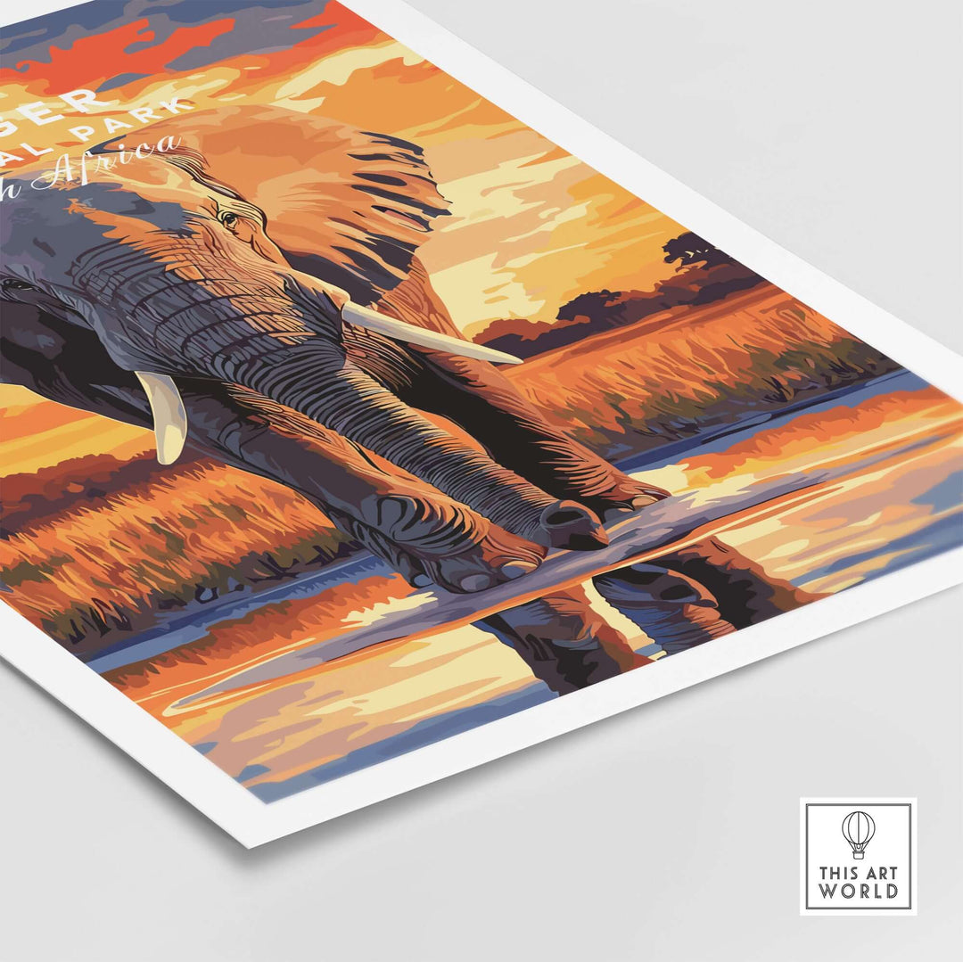 Kruger Elephant Art Print featuring a majestic elephant at sunset, showcasing South Africa's stunning landscape.