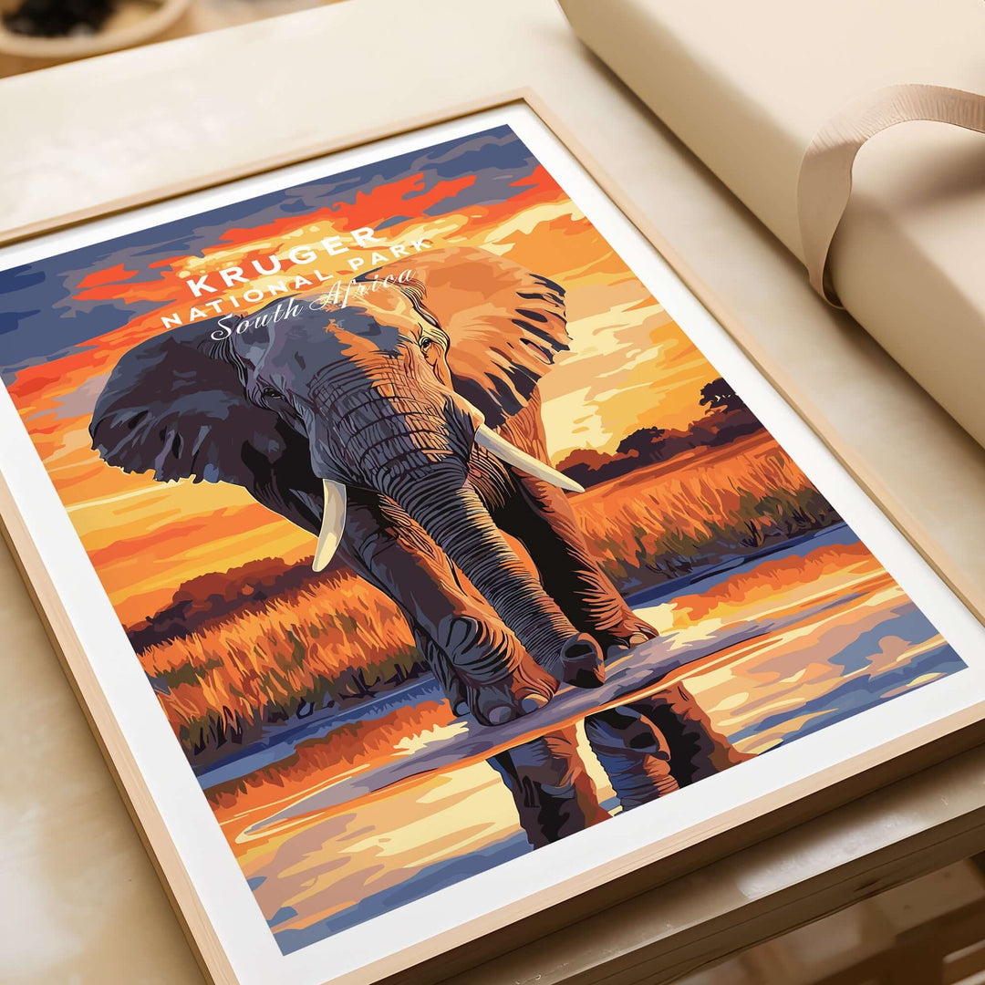 Kruger Elephant Art Print featuring a majestic elephant against a vibrant South Africa sunset landscape.