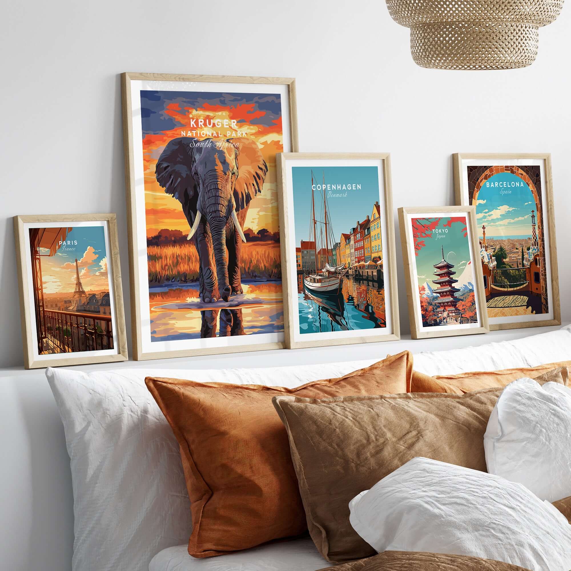 Kruger Elephant Art Print - South Africa Sunset Landscape Poster displayed in a stylish home setting with other art prints.