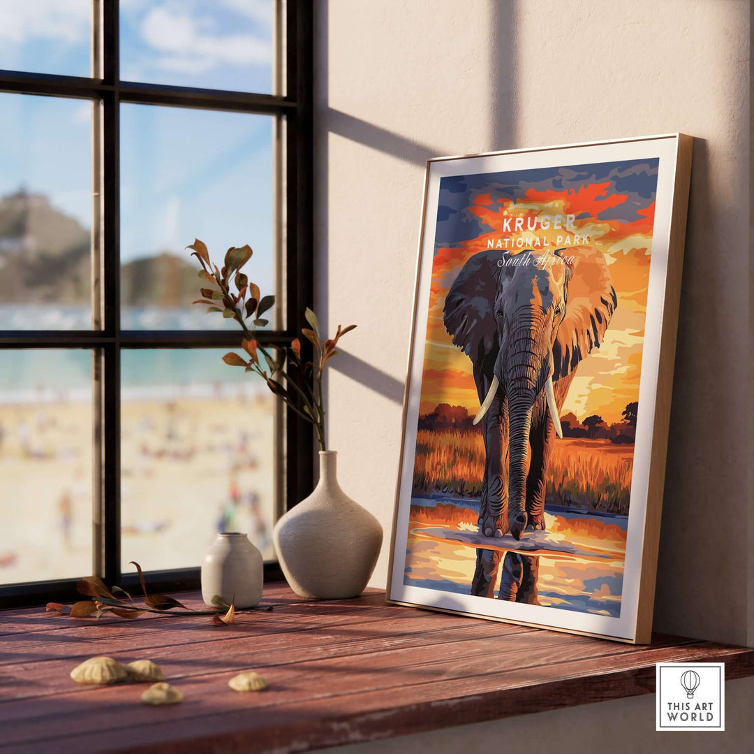 Kruger Elephant art print featuring sunset landscape, framed by a window with beach view, perfect for home decor.