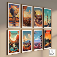 Kruger Elephant Art Print - South Africa Sunset Landscape Poster displayed among various city art prints on a gallery wall.