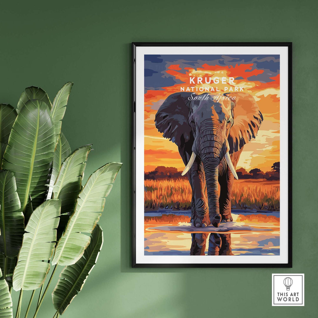 Kruger Elephant Art Print showcasing an elephant against a South Africa sunset landscape, vivid colors on premium paper.