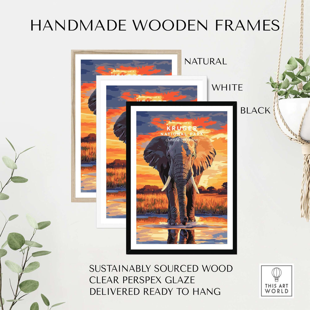 Handmade wooden frames in natural, white, and black around Kruger elephant art print, ready to hang.