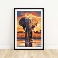 Kruger Elephant Art Print - South Africa Sunset Landscape Poster featuring an elephant by a sunset reflection.