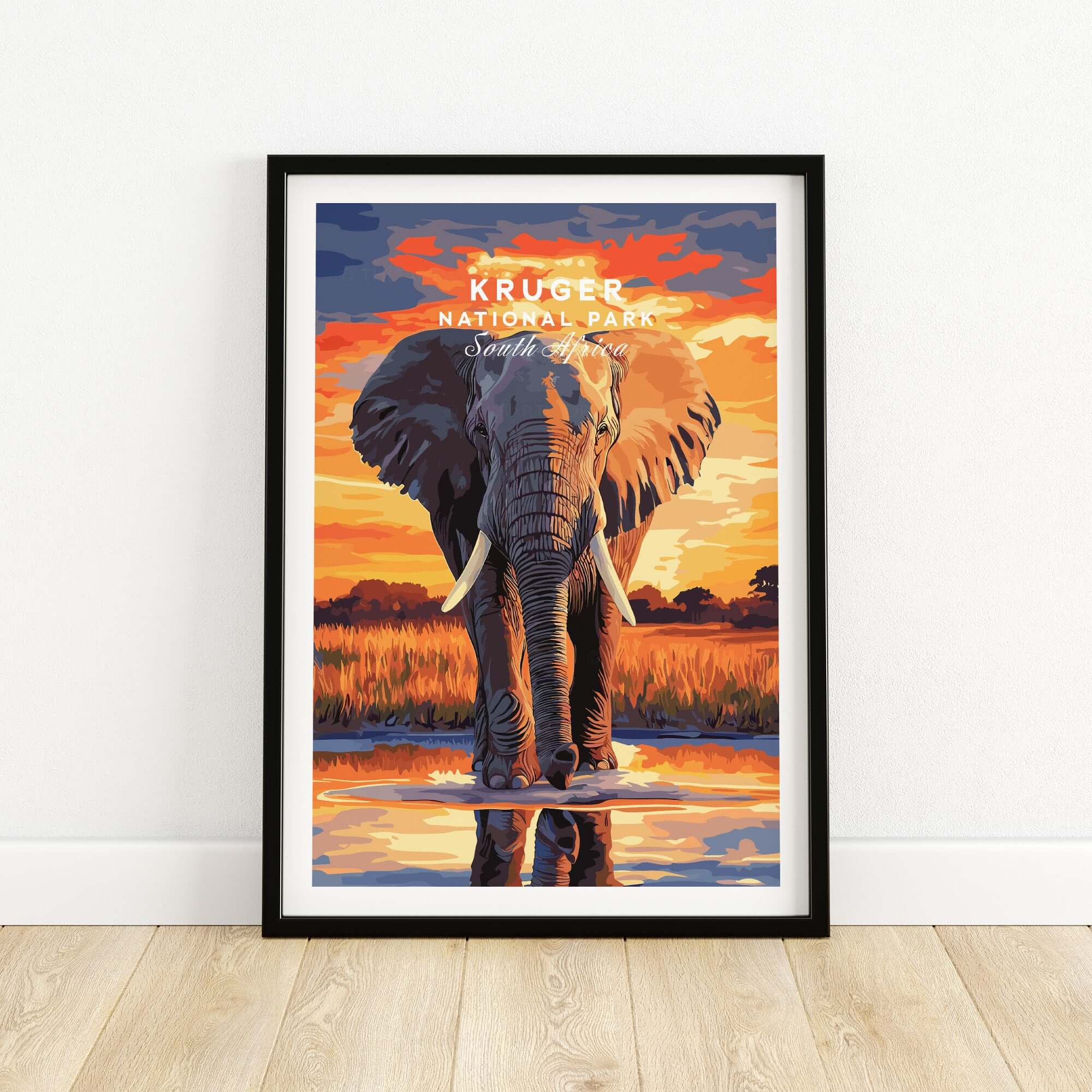 Kruger Elephant Art Print - South Africa Sunset Landscape Poster featuring an elephant by a sunset reflection.