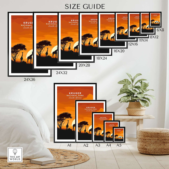 Size guide for Kruger Giraffe art prints showcasing various sizes against a vibrant sunset backdrop.