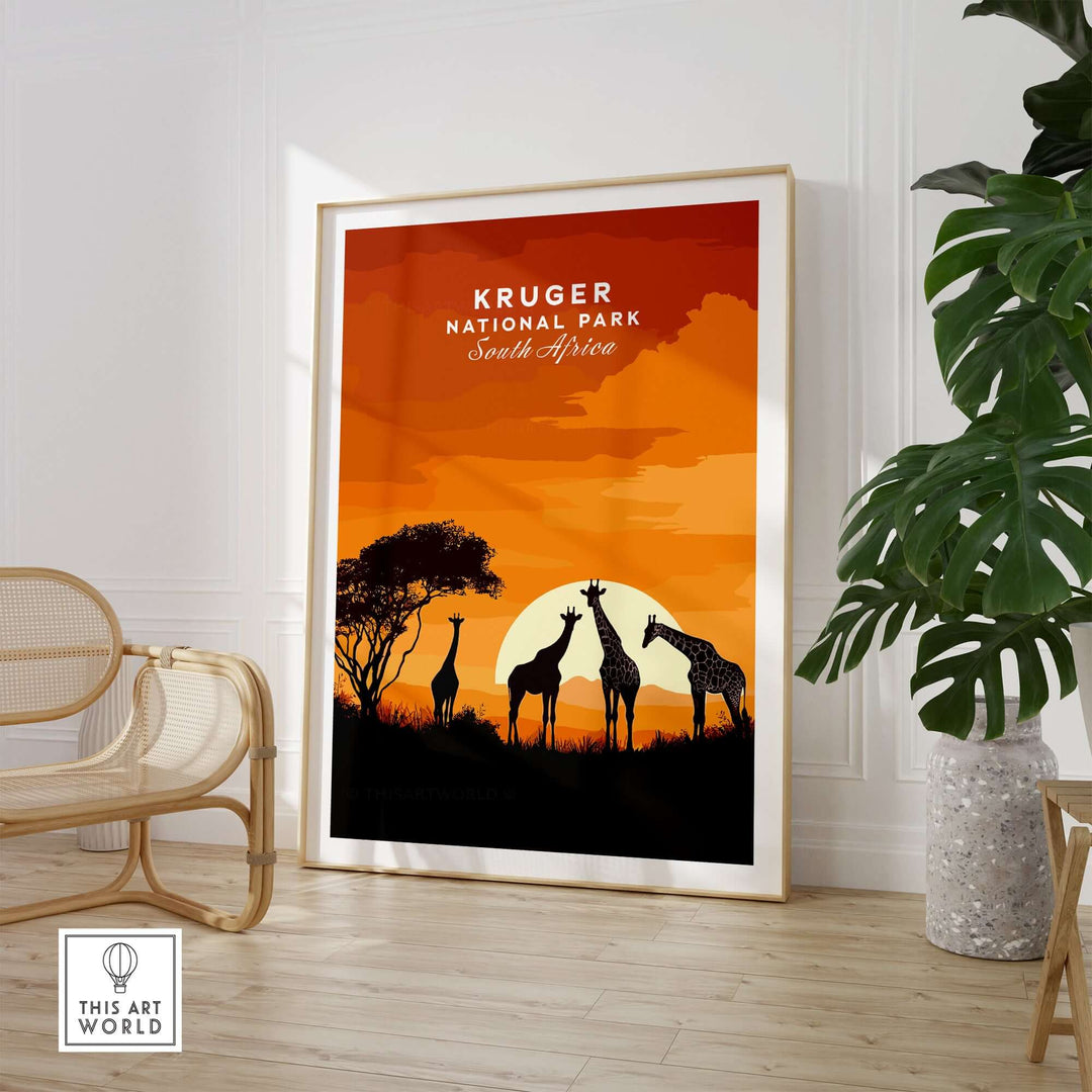 Kruger Giraffe Art Print featuring silhouettes of giraffes against a South African sunset backdrop.