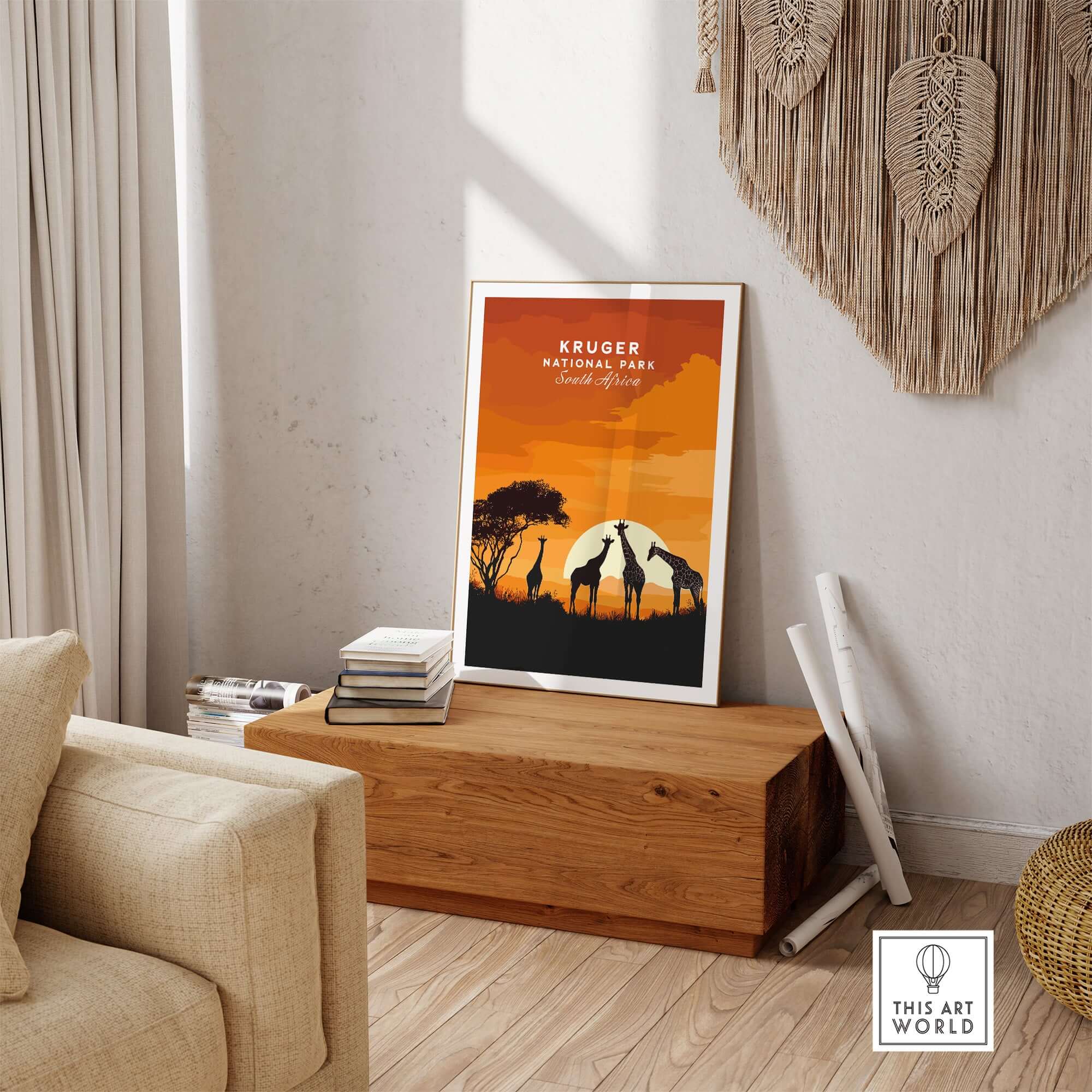 Kruger Giraffe Art Print - South Africa Sunset Safari Poster in a stylish living room setting with vibrant colors.